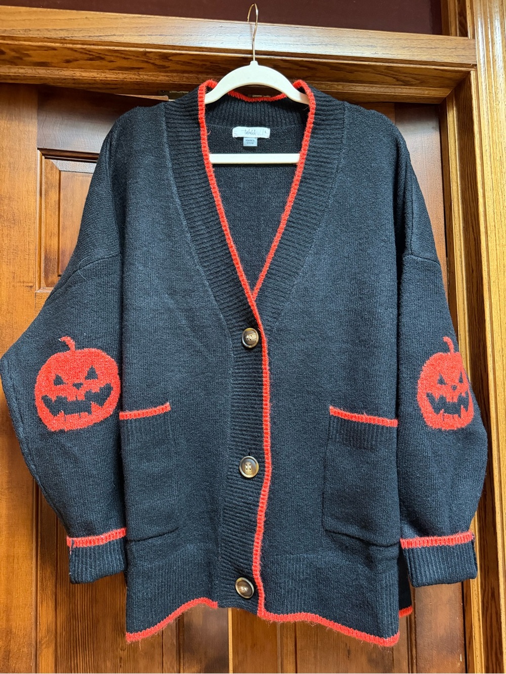 TALULAH Black Cardigan with Orange Pumpkin Accents, Size Large